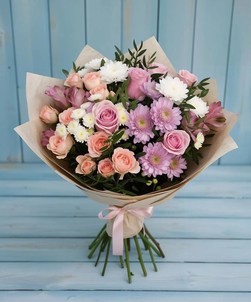 Букет цветов из: Хризантемы, Розы и Альстромерии в Удобной Краснодарский край