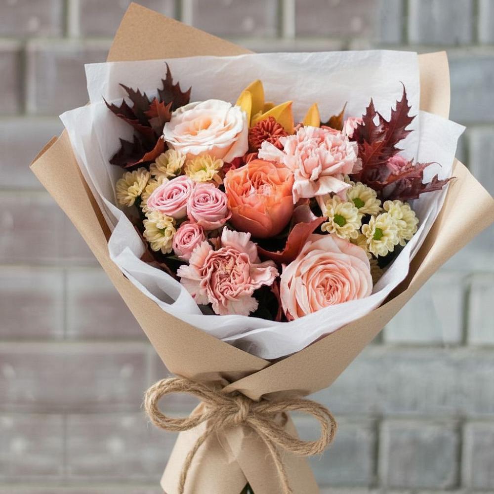 Букет цветов из: Гвоздики, Хризантемы и Розы в Удобной Краснодарский край