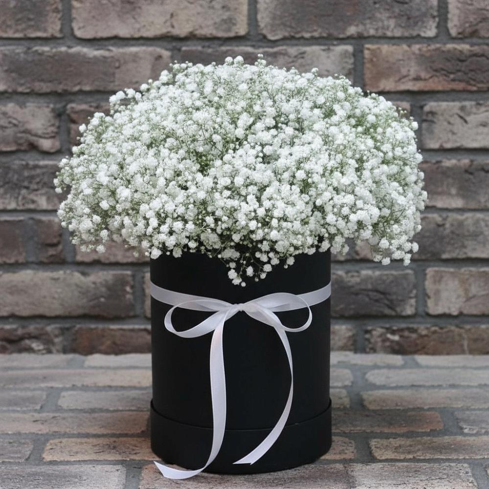 Цветочная композиция из Гипсофила в шляпной коробке в Удобной Краснодарский край