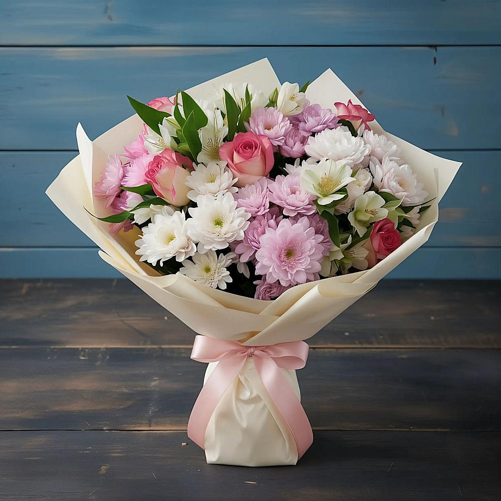 Букет цветов из: Хризантемы, Альстромерии и Розы в Удобной Краснодарский край